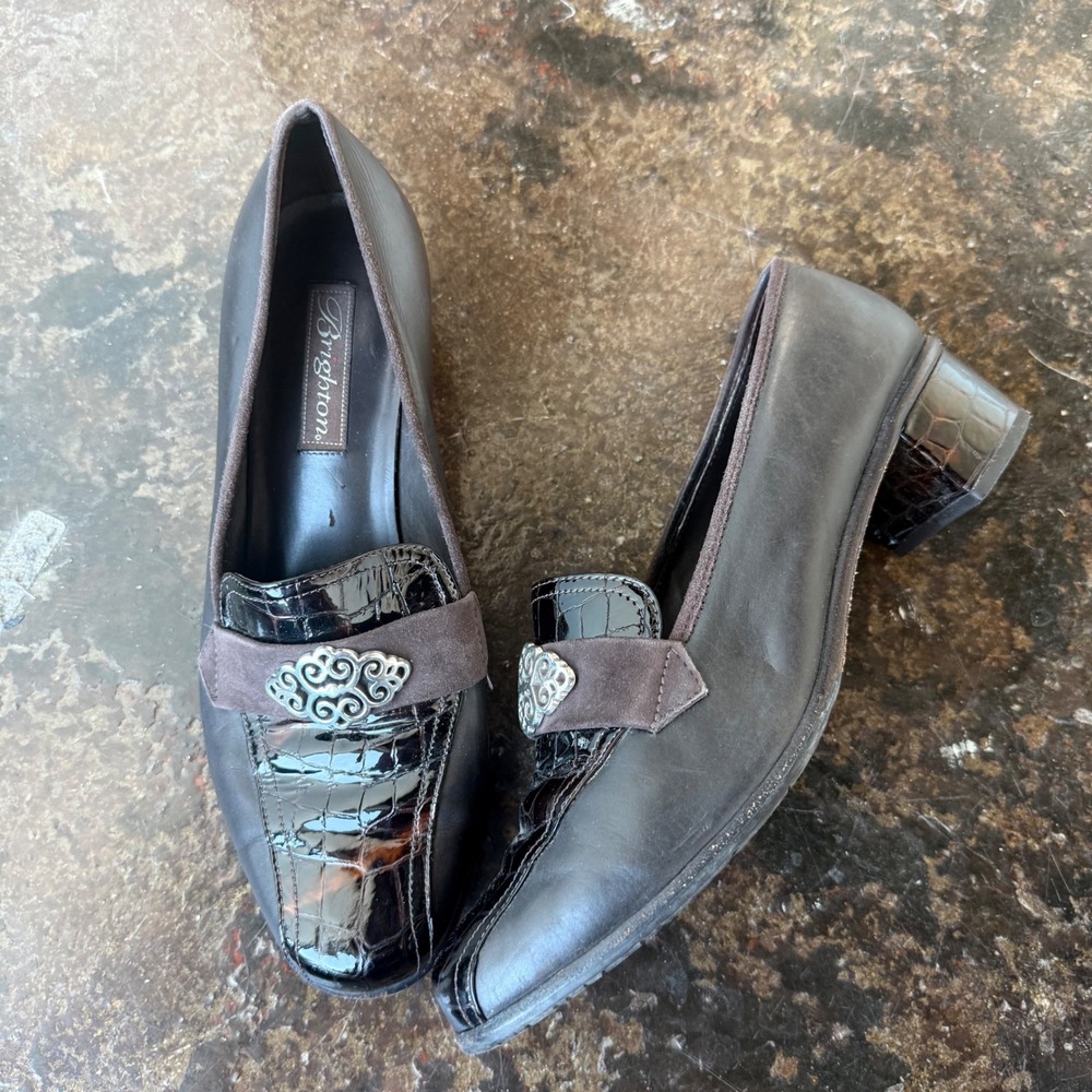 Vtg 90s Brighton Loafers Brown Leather Croc Embossed Block Heel Pumps 9.5 Brazil
